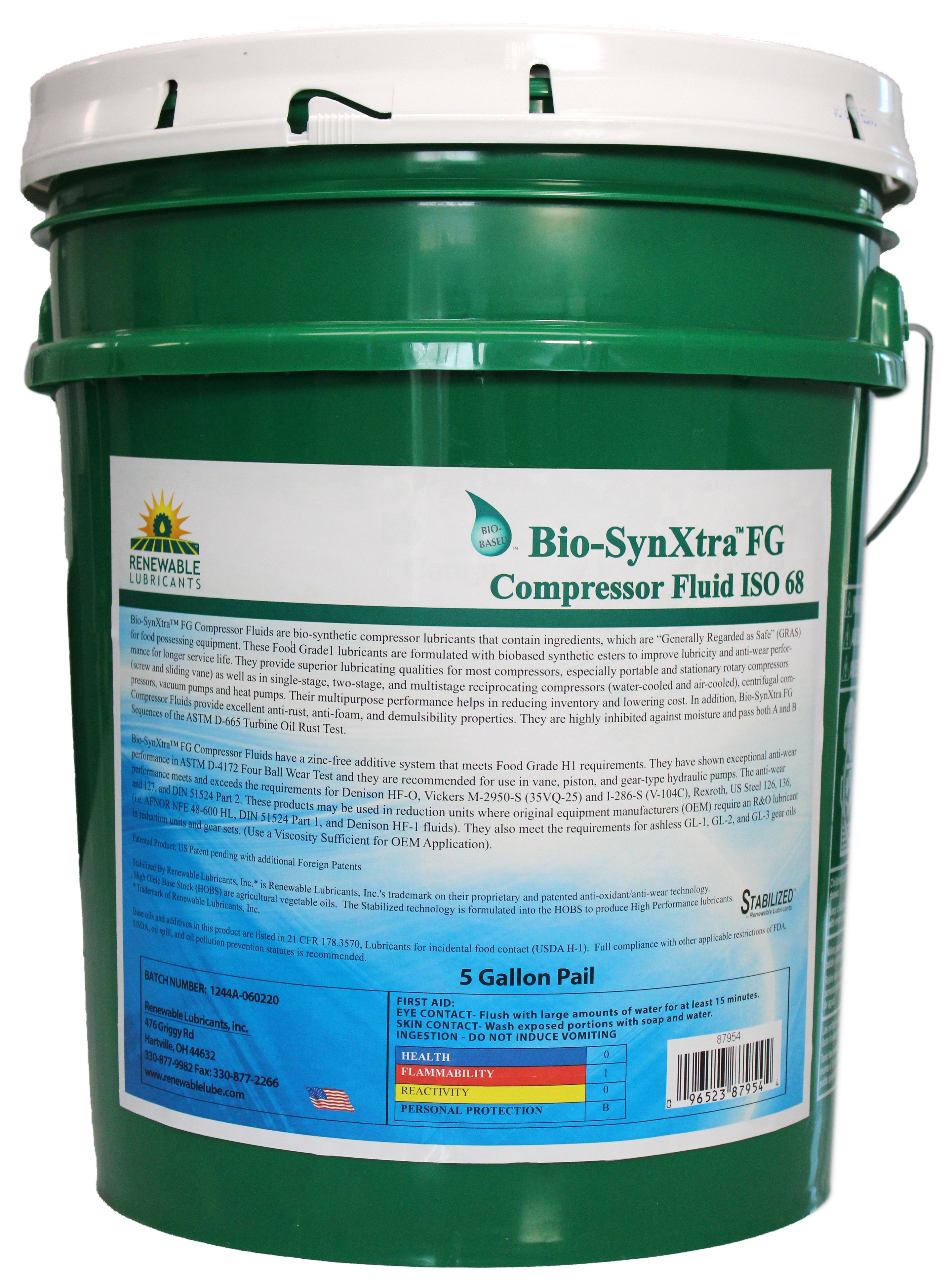 87954 Bio Syn Xtra FG Compressor Oil ISO 68 5 Gal Pail
